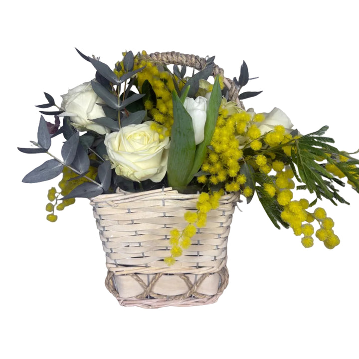 Panier de Roses Blanches & Mimosa