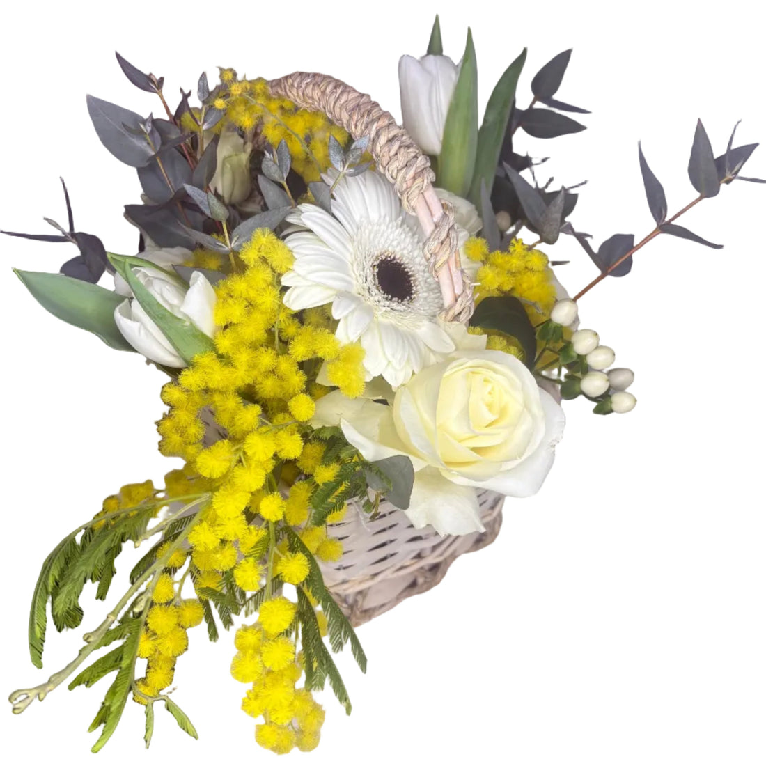 Panier de Roses Blanches & Mimosa